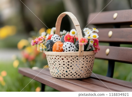 Spring flowers in a pastel basket beside colorful Easter eggs in a serene outdoor setting 118834921