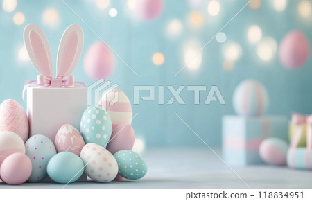 Colorful Easter decorations with a bunny figurine and pastel eggs on a blue background 118834951