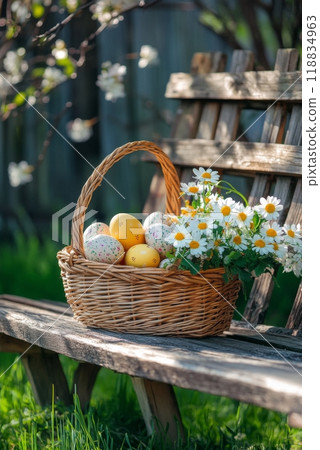 A vibrant wicker basket filled with colorful eggs and flowers on a sunny park bench 118834963