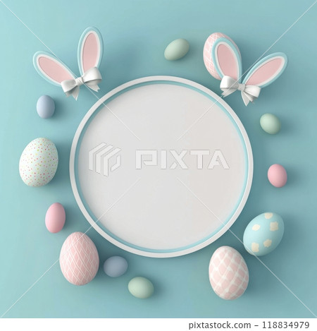 Colorful Easter-themed decoration featuring a bunny ear frame and pastel eggs on a blue background 118834979