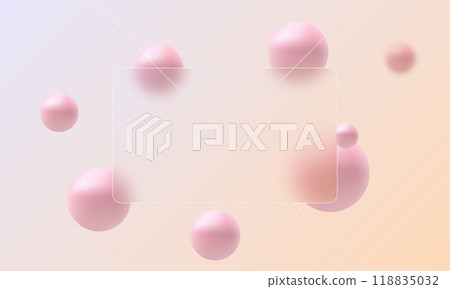 Glass morphism website landing page template. Horizontal presentation screen with glass overlay effect on gradient spheres. 118835032