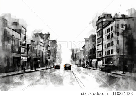 Picture is drawn with ink. City street. Road with cars. Orange car lights. Buildings. Generated AI 118835128