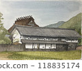Watercolor painting of an old thatched roof house 118835174