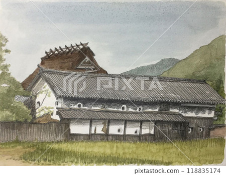水彩畫茅草屋頂的老民居 118835174