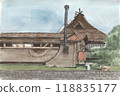 Watercolor cowshed with thatched roof 118835177