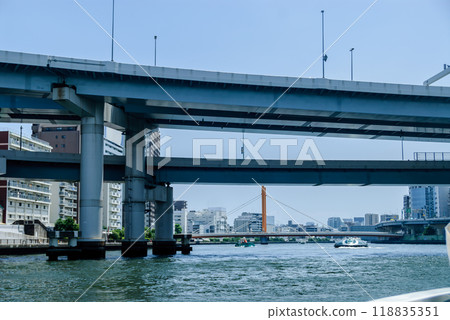 View of the Sumida River, Ryogoku Ohashi Bridge, and Shin Ohashi Bridge, near Ryogoku Junction View of the Sumida River, Ryogoku Ohashi Bridge, and Shin Ohashi Bridge, near Ryogoku Junction 118835351