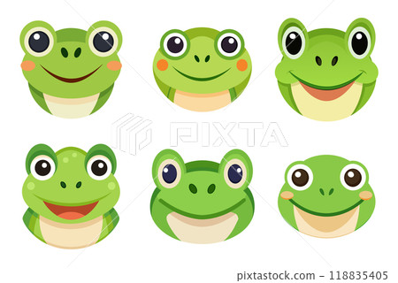 Cartoon Frog Head in kids drawing style, flat design simple shapes, isolated on white background 118835405