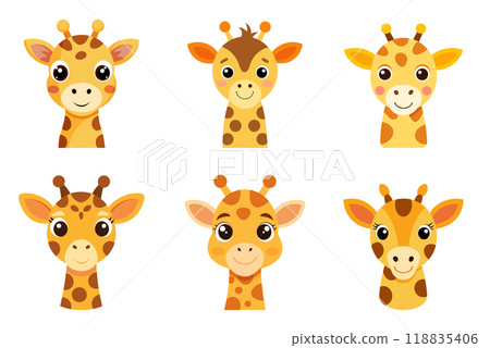 Cartoon Giraffe Head in kids drawing style, flat design simple shapes, isolated on white background 118835406