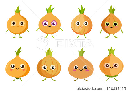 Cartoon Onion in kids drawing style, flat design simple shapes, isolated on white background 118835415
