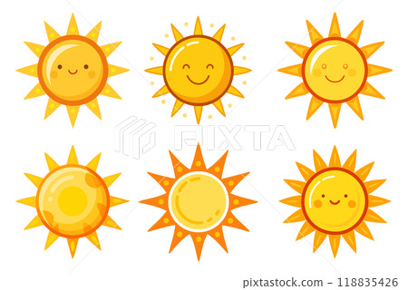 Sun in kids drawing style vector set isolated on white background 118835426