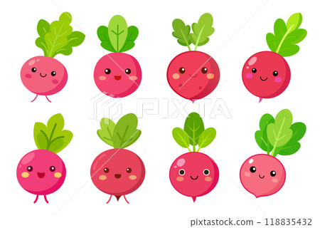 Cartoon Radish in kids drawing style, flat design simple shapes, isolated on white background 2 118835432