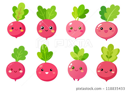Cartoon Radish in kids drawing style, flat design simple shapes, isolated on white background Cartoon Radish in kids drawing style, flat design simple shapes, isolated on white background 118835433