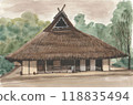 Watercolor thatched roof house 118835494