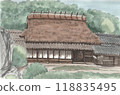 Thatched roof house painted in watercolor 118835495