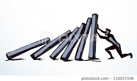 A man stops falling dominoes. Vector drawing A man stops falling dominoes. Vector drawing 118835506