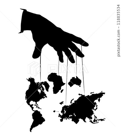 Man hand with a World map. Continents with contours of countries. Vector drawing Man hand with a World map. Continents with contours of countries. Vector drawing 118835534