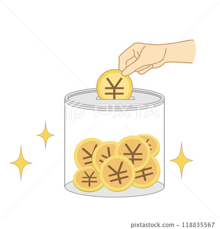 將硬幣放入存錢筒的手的彩色插圖 118835567