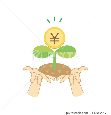 兩隻手拿著一顆豆芽的彩色插圖,上面有一枚硬幣 兩隻手拿著一顆豆芽的彩色插圖,上面有一枚硬幣 118835570