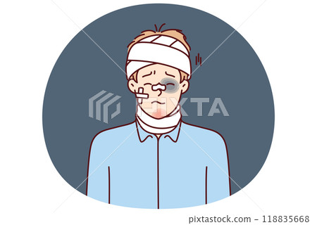 Beaten man with bandages on his head and band-aid on his face after accident or catastrophe 118835668