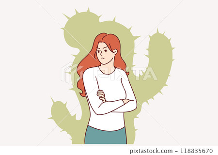 Aggressive woman with cactus silhouette suffers from lack of friends or boyfriend Aggressive woman with cactus silhouette suffers from lack of friends or boyfriend 118835670