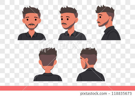 Mustachioed man poses showing different sides of face after visiting barbershop. Mustachioed man poses showing different sides of face after visiting barbershop. 118835673