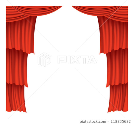 Red curtains realistic. Theater fabric silk decoration for movie cinema or opera hall. Curtains and draperies interior decoration object. Isolated on transparent for theater stage Red curtains realistic. Theater fabric silk decoration for movie cinema or opera hall. Curtains and draperies interior decoration object. Isolated on transparent for theater stage 118835682