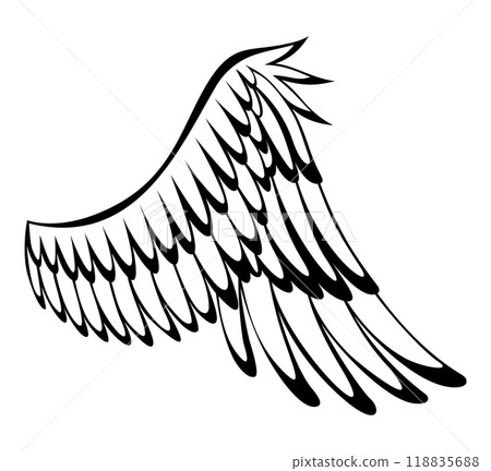 Wings sketch. Stylized birds wings. Hand drawn contoured stiker wing in open position. Vector design elements in coloring style Wings sketch. Stylized birds wings. Hand drawn contoured stiker wing in open position. Vector design elements in coloring style 118835688