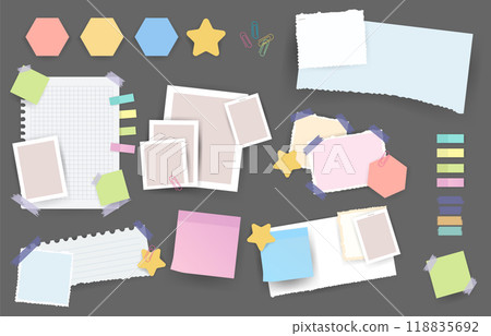 Paper notes stickers. Set of different vector note papers. Blank of multicolor stickers. Sticky sheets of various colors and size vector illustration 118835692