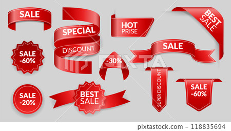 Corners and ribbons icon set. Product red banner, price shopping tags. Promotion sale badges, special offer stickers. Discount and price offer concept. Vector sticker templates Corners and ribbons icon set. Product red banner, price shopping tags. Promotion sale badges, special offer stickers. Discount and price offer concept. Vector sticker templates 118835694