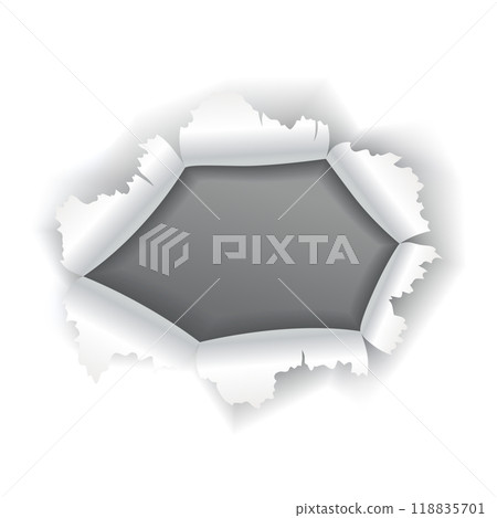 Paper hole of gray torn paper. Torn sides over dark paper background with space for text. Realistic torn paper template Paper hole of gray torn paper. Torn sides over dark paper background with space for text. Realistic torn paper template 118835701