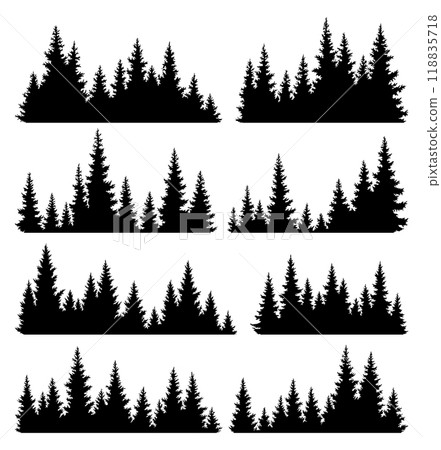 Set of fir trees silhouettes. Coniferous spruce horizontal background patterns, black evergreen woods vector illustration. Beautiful hand drawn panoramas of coniferous forest 118835718