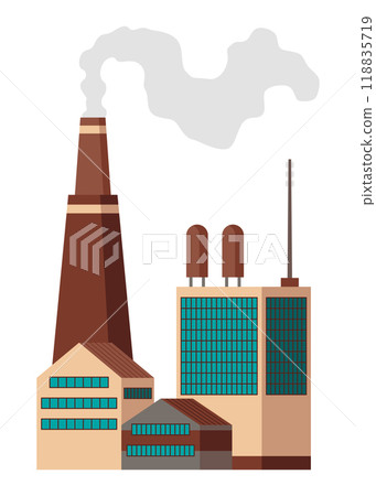 Factory industrial. Manufactory industrial building refinery factory or nuclear power station. Complex of chemical plant buildings isolated on white background 118835719