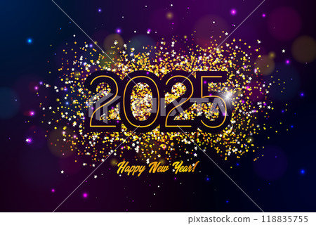 2025 Happy New Year Illustration with Gold Glittered Number and Falling Confetti on Dark Background. Christmas Holiday Design with Typography Lettering for Flyer, Greeting Card, Banner, Celebration 2025 Happy New Year Illustration with Gold Glittered Number and Falling Confetti on Dark Background. Christmas Holiday Design with Typography Lettering for Flyer, Greeting Card, Banner, Celebration 118835755