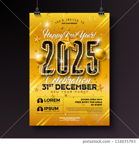 Happy New Year 2025 Party Celebration Poster Template Illustration with Glowing Light Bulb Billboard Number on Yellow Background. Vector New Year Eve Holiday Design. Premium Invitation Flyer or Promo Happy New Year 2025 Party Celebration Poster Template Illustration with Glowing Light Bulb Billboard Number on Yellow Background. Vector New Year Eve Holiday Design. Premium Invitation Flyer or Promo 118835763
