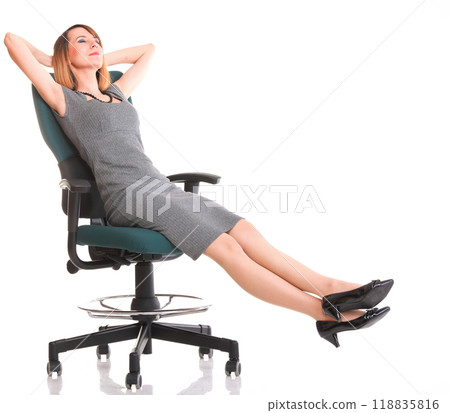 Full length business woman sitting on chair holding clipboard is Full length business woman sitting on chair holding clipboard is 118835816