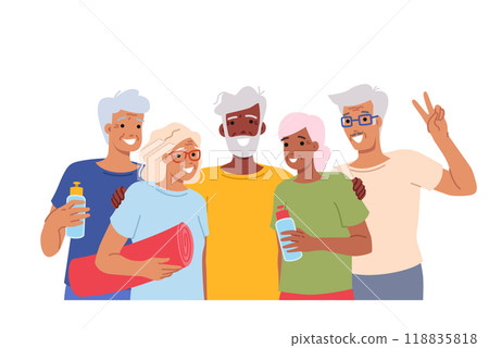 Elderly people with sports equipment for fitness or running and yoga, posing for group portrait 118835818