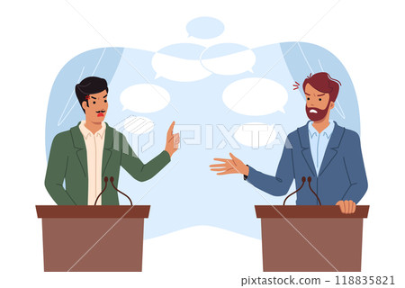 Political debate between two male candidates for senator or president standing behind podium 118835821
