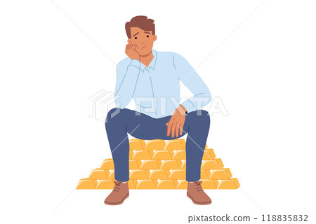 Rich man sits on gold bars and is sad due to lack of knowledge where to invest money 118835832
