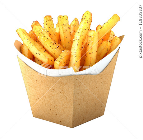 A paper container filled with crispy, golden French fries, sprinkled with black pepper, is showcased on a transparent background. 118835837