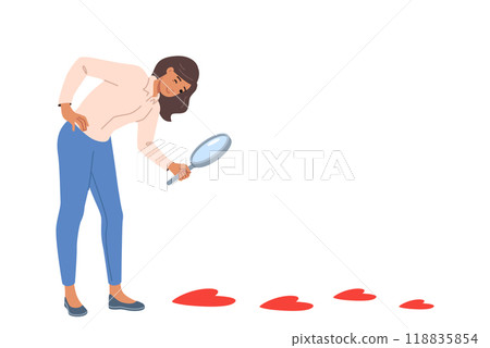 Woman searching for boyfriend and follows trail of hearts on ground, holding magnifying glass 118835854