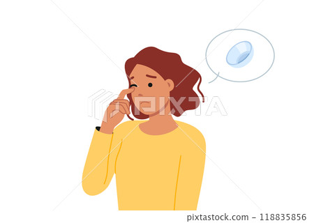 Woman uses contact lenses and feels discomfort due to dry eyes or allergy to ophthalmic fluid Woman uses contact lenses and feels discomfort due to dry eyes or allergy to ophthalmic fluid 118835856