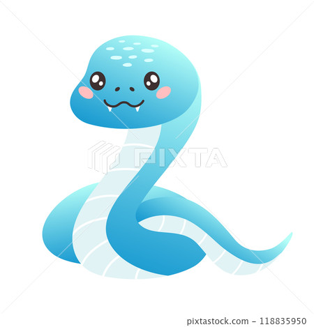 Cute cartoon blue snake in flat style isolated on white. Snake kawaii character. Vector illustration 118835950