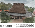 Thatched roof house painted in watercolor 118835960