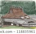 Thatched roof house painted in watercolor 118835961