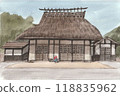 Thatched roof house painted in watercolor 118835962
