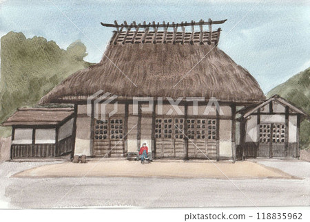 茅草屋頂的房子畫水彩 118835962