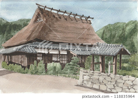 Watercolor painting of an old thatched roof house 118835964