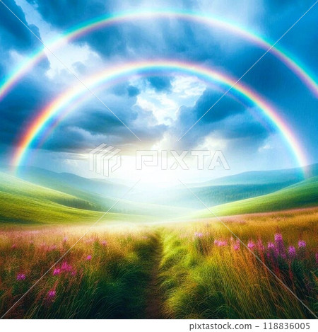 Double rainbow in the blue sky over the grassland Double rainbow in the blue sky over the grassland 118836005