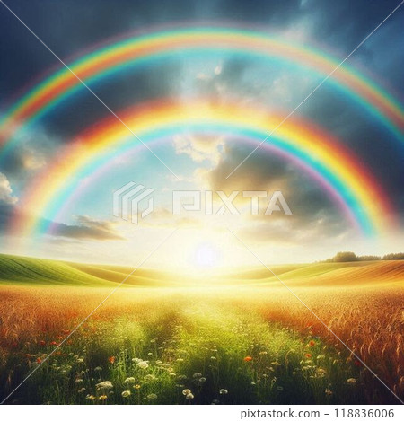 Double rainbow in the sunset on the grassland 118836006