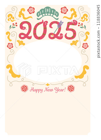 A cute and pop New Year's card with the number 2025 designed with a snake A cute and pop New Year's card with the number 2025 designed with a snake 118836045